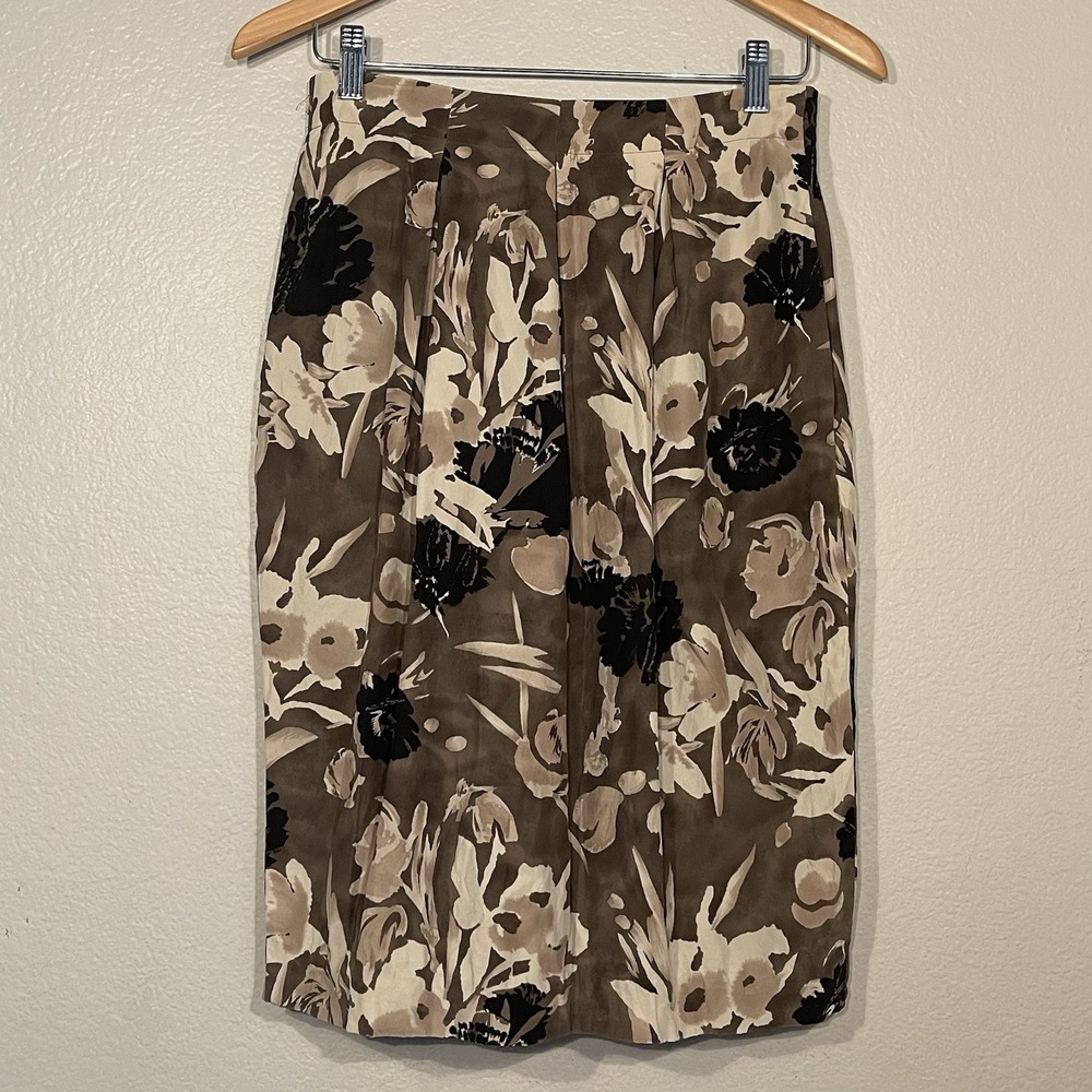 DANA BUCHMAN Womens 4 100% Silk Midi Skirt Pleated Pockets Black Brown Floral